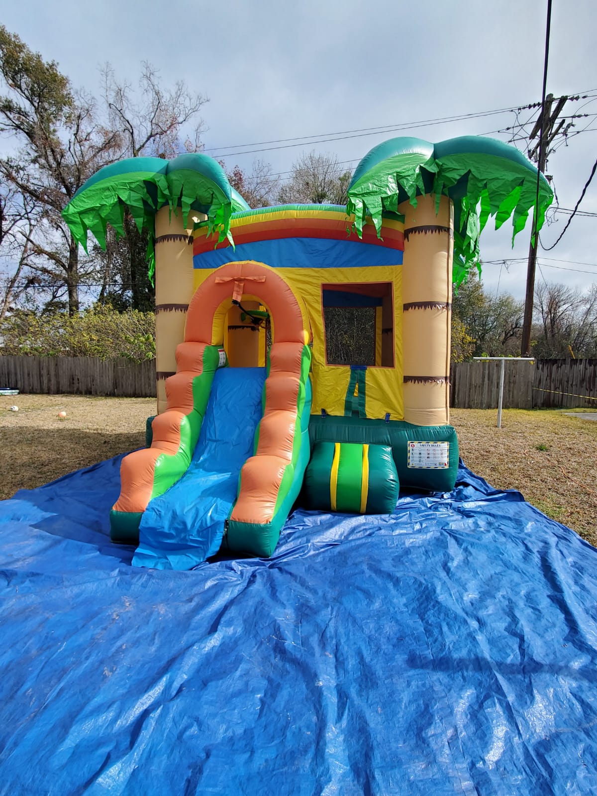 Tropical Palm & Rainbow Bounce House with Slide