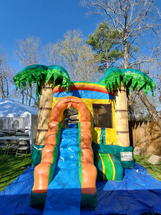 Tropical Palm & Rainbow Bounce House with Slide